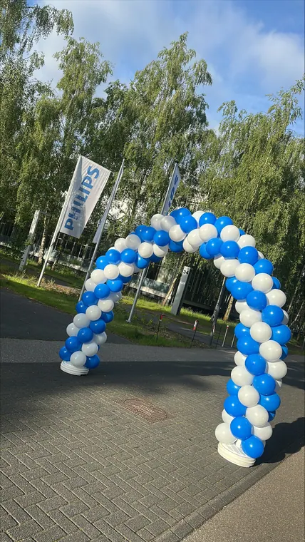 Blauw-witte ballonboog op een buitenlocatie
