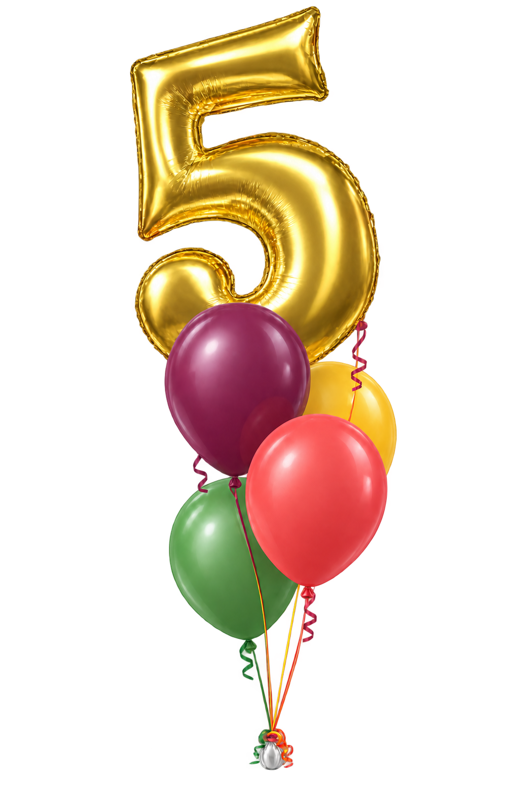 Illustratie van een effen gouden folieballon 25 en gekleurde heliumballonnen