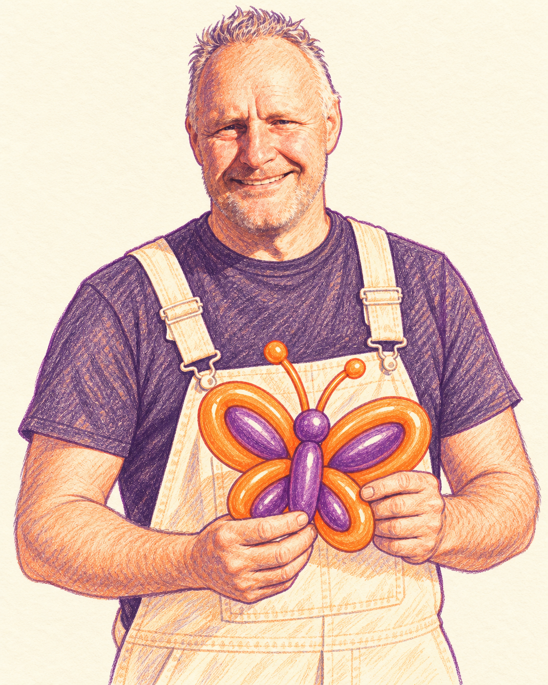 Potloodillustratie van de lachende eigenaar van Flowballoons met een ballonvlinder